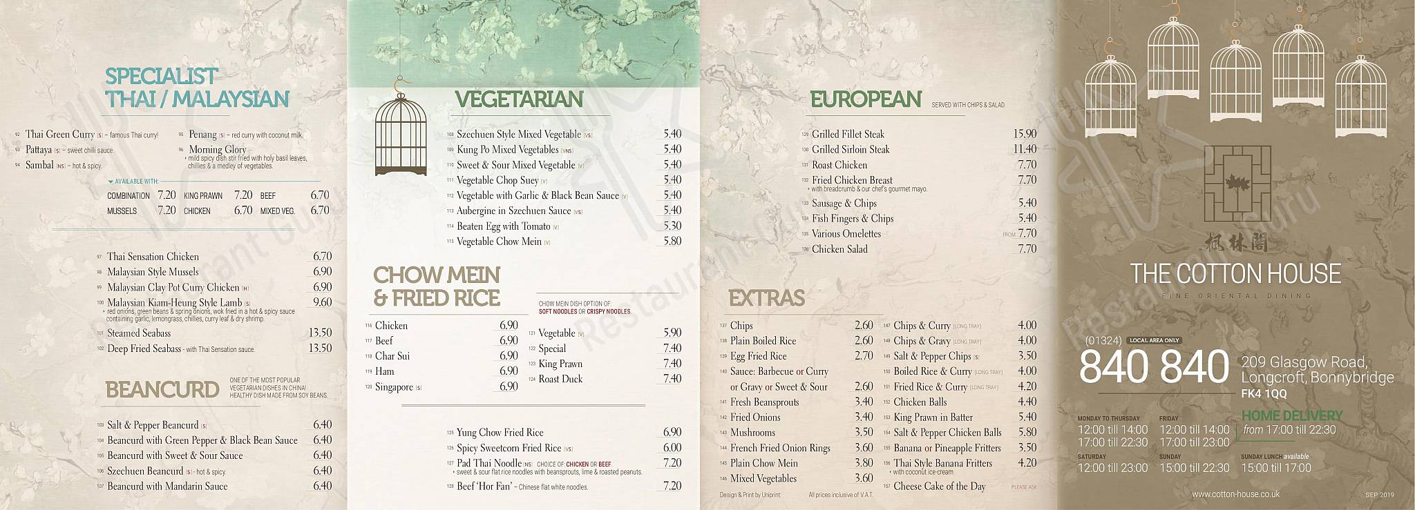 Menu at The Cotton House Chinese & Thai Restaurant, Bonnybridge