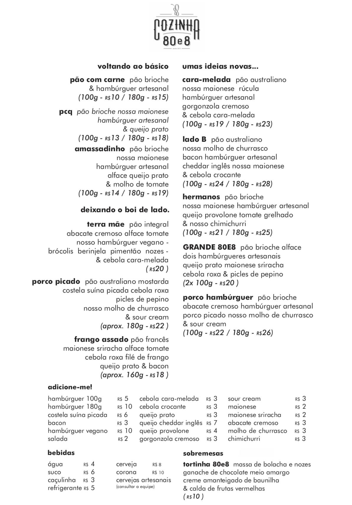 Cozinha80e8 cardápio