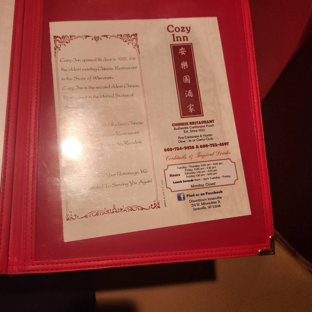 Menu at Cozy Inn Chinese Restaurant, Janesville