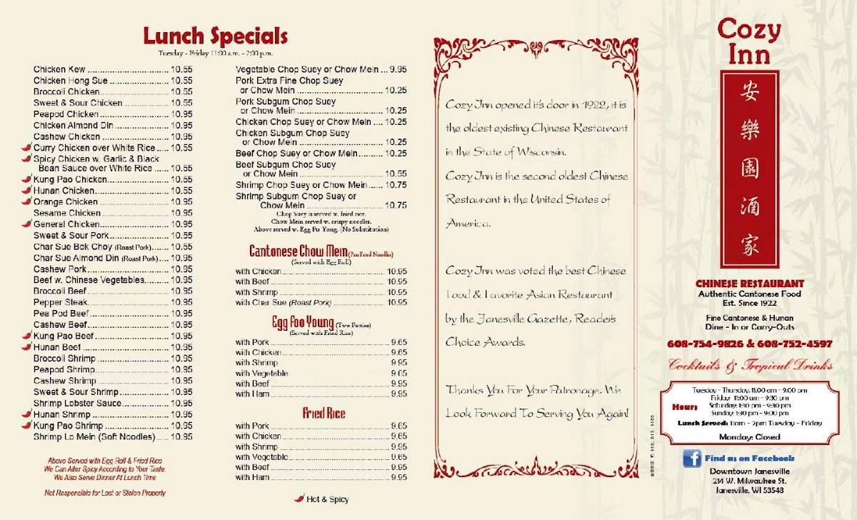Menu at Cozy Inn Chinese Restaurant, Janesville