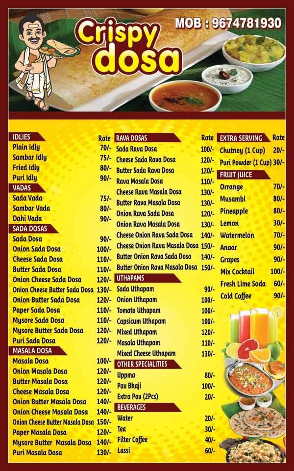 Crispy dosa menu