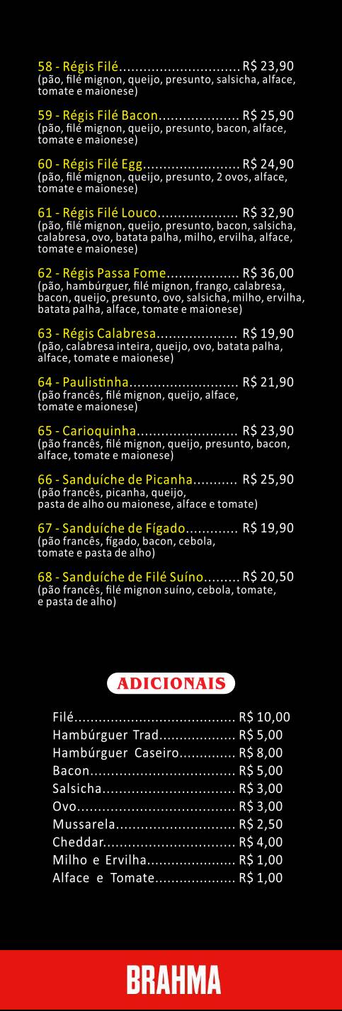 Régis Bar cardápio