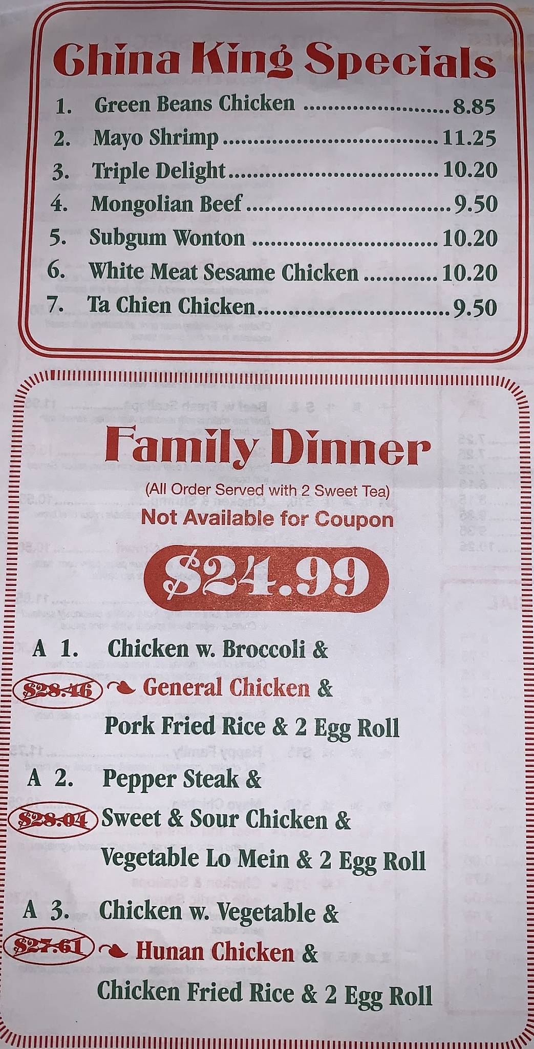 Menu at China King restaurant, Curwensville