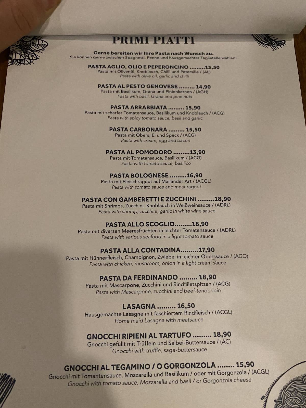 Menu de Da Ferdinando