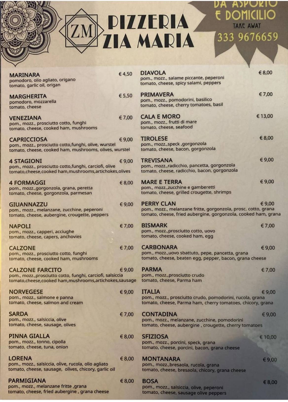 Menu di Dancing Zia Maria 