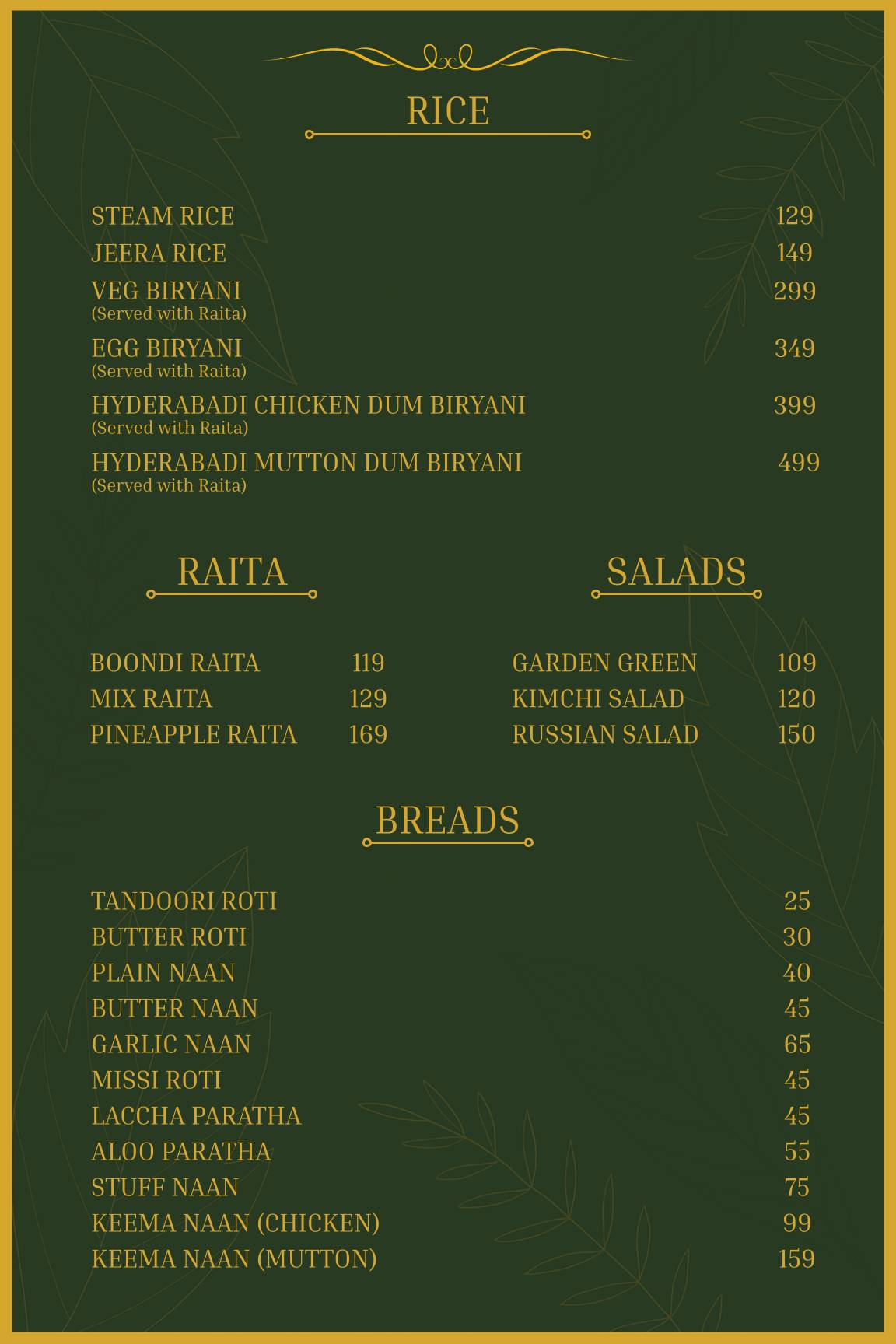 Olive Greens menu
