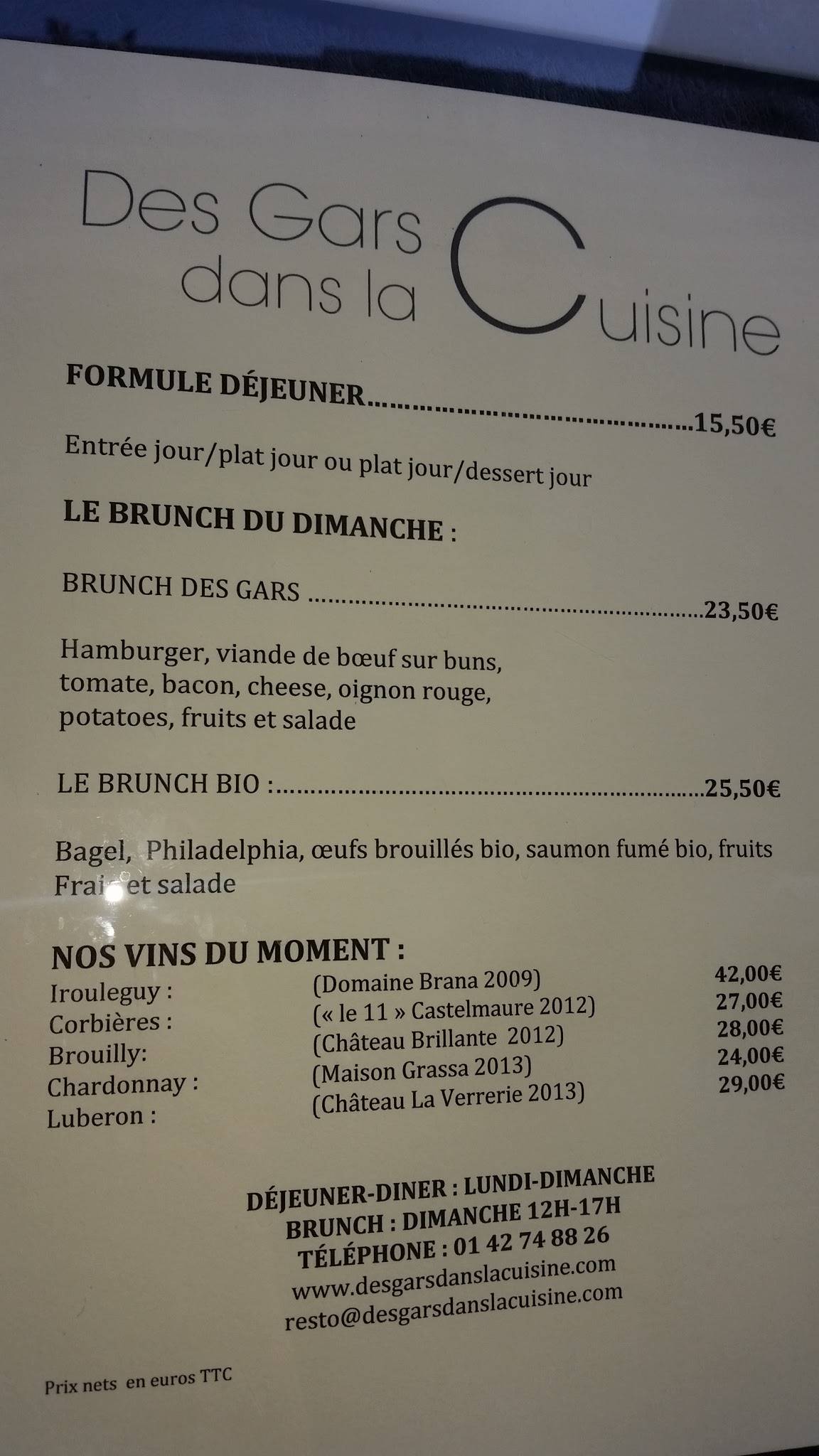 Menu au Des Gars dans la Cuisine restaurant, Paris