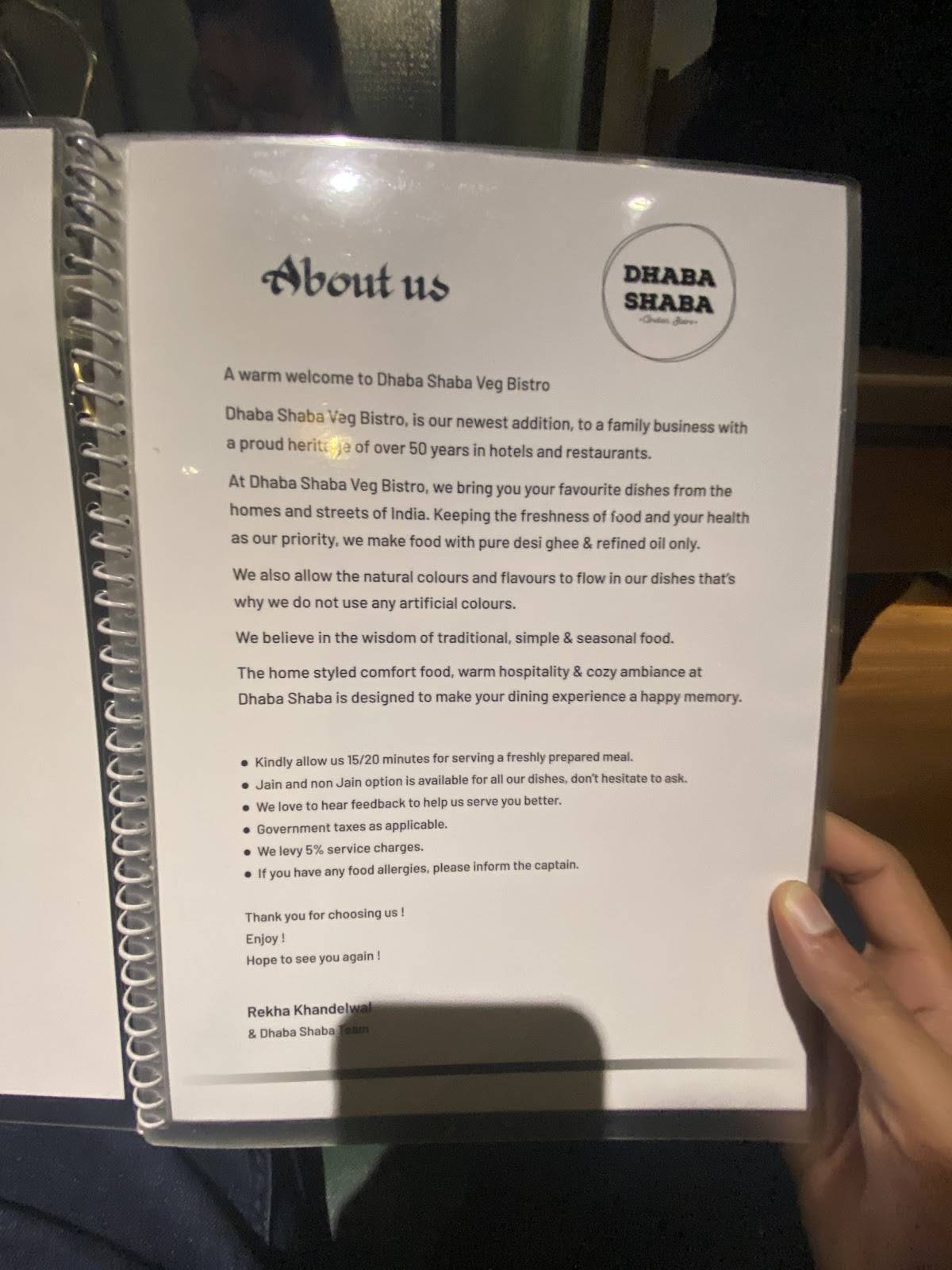 Dhaba Shaba Indian Veg Bistro menu