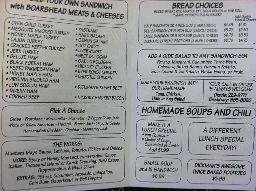 Menu at Dickman's Meat & Deli restaurant, Tucson, E Broadway Blvd