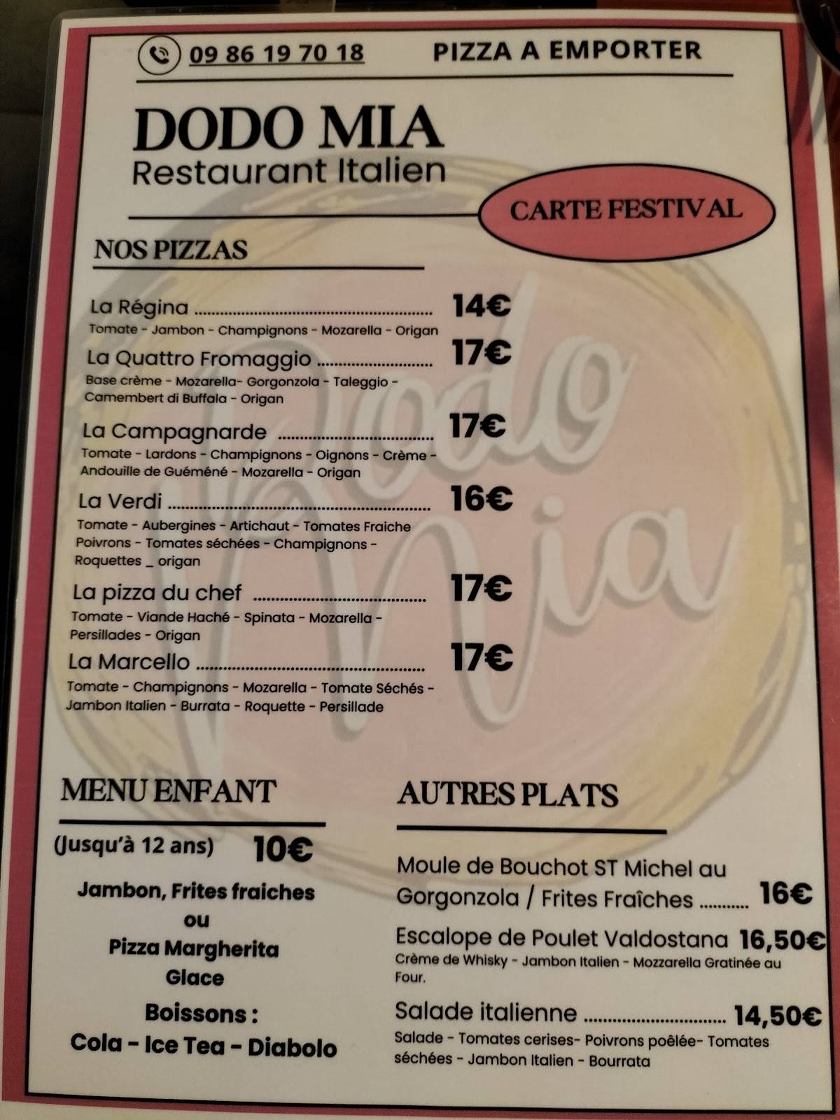 Menu de Dodo Mia