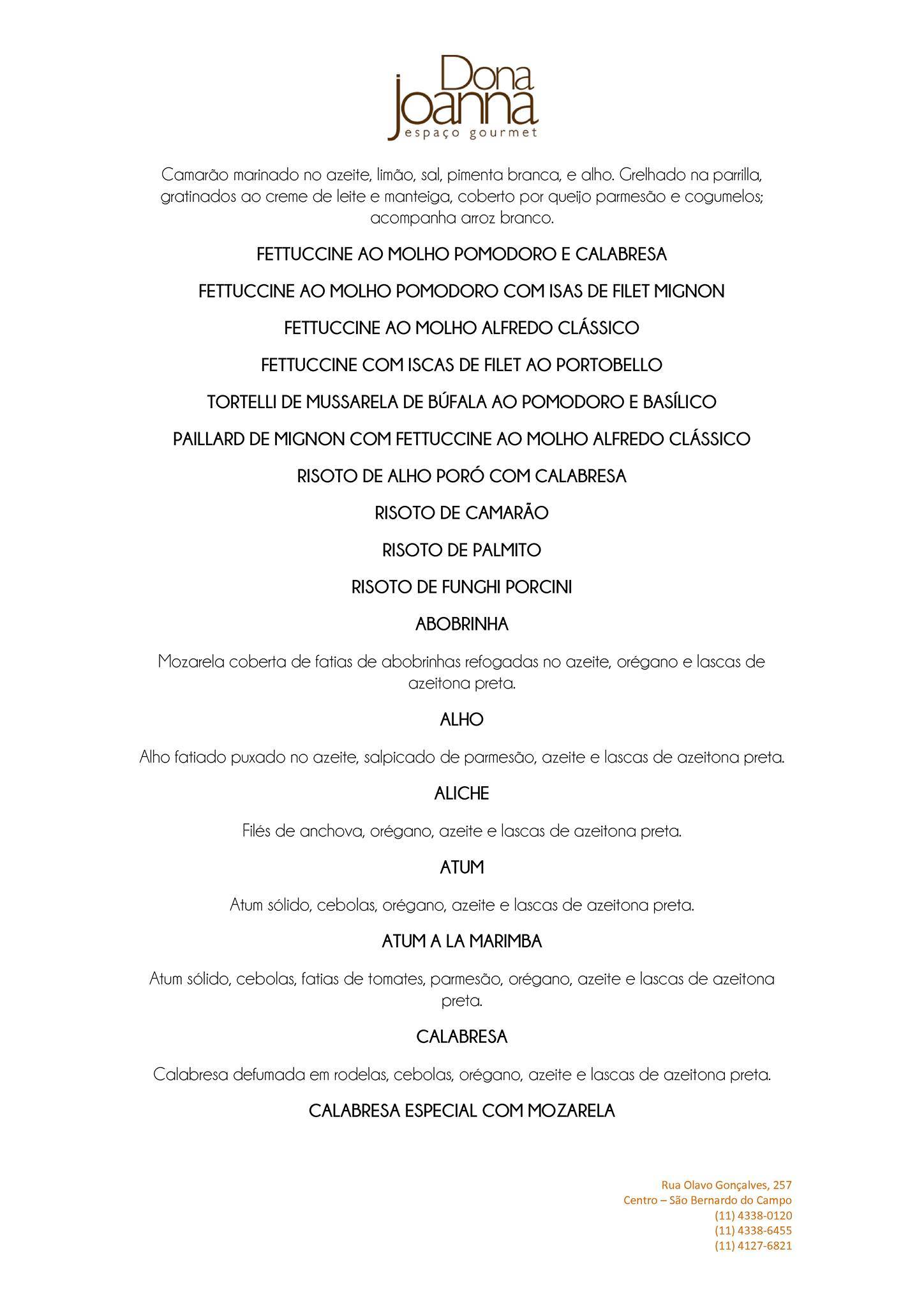 Dona Joanna Espaço Gourmet cardápio