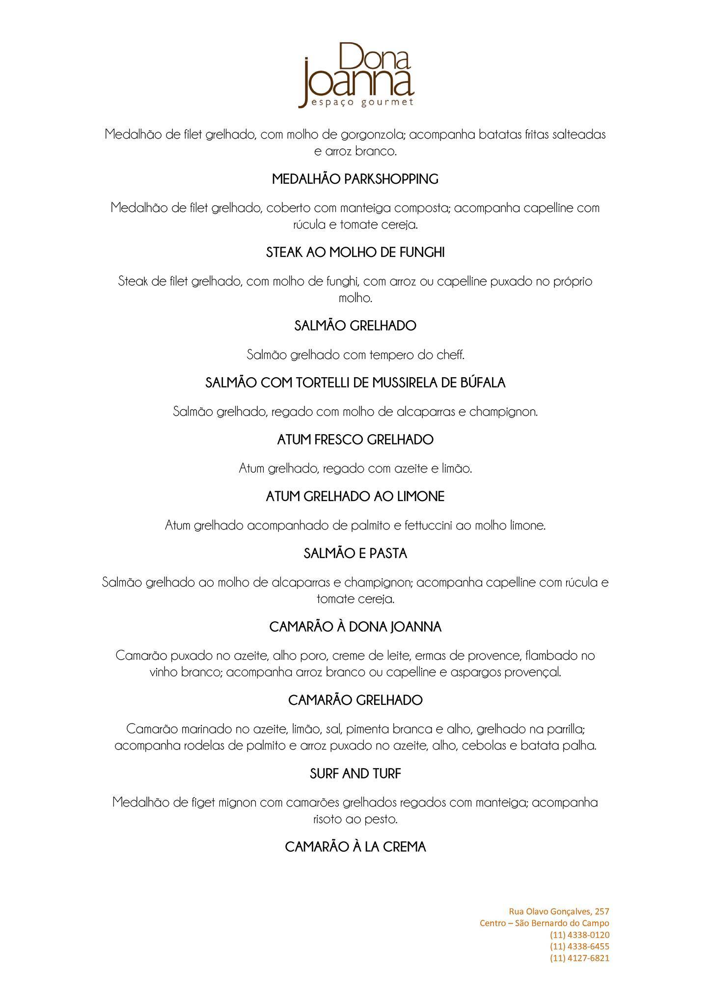 Dona Joanna Espaço Gourmet cardápio