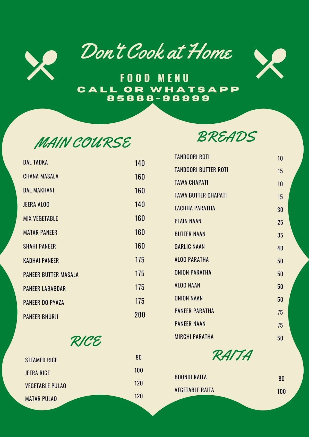 Don't Cook at Home menu