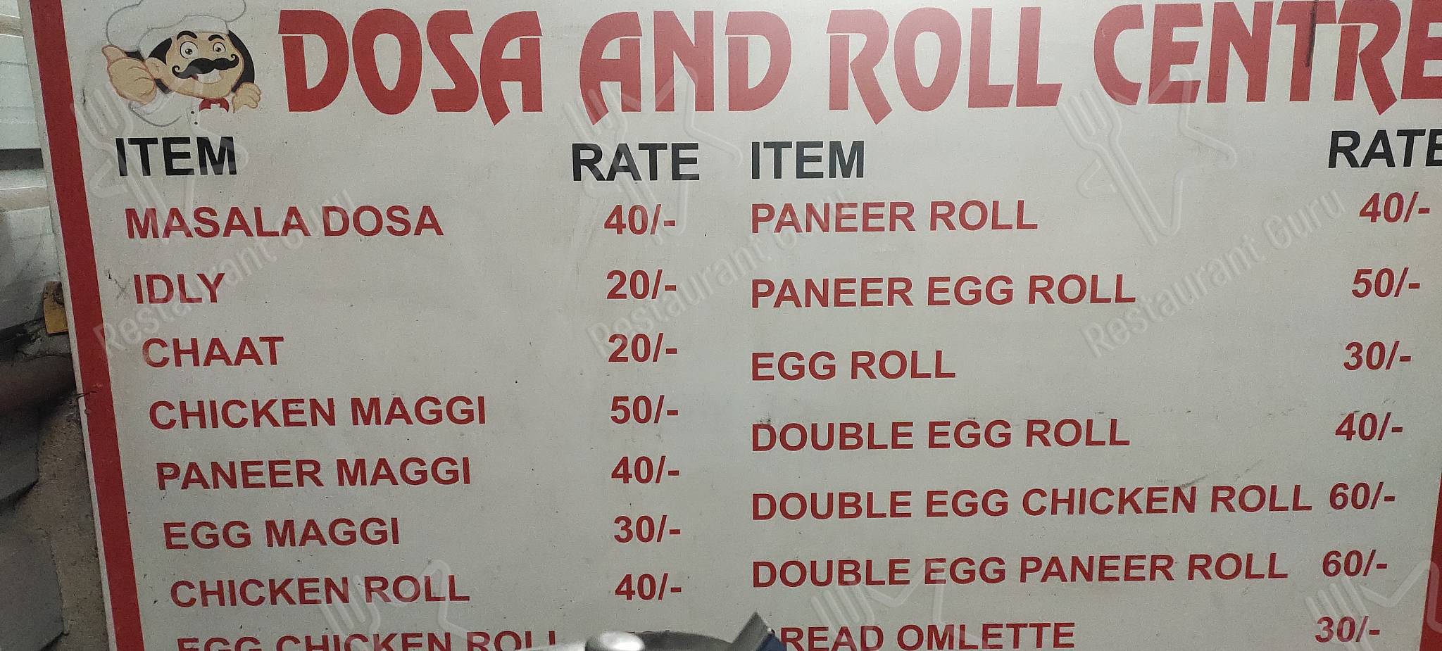 Dosa and roll centre menu - dishes and beverages