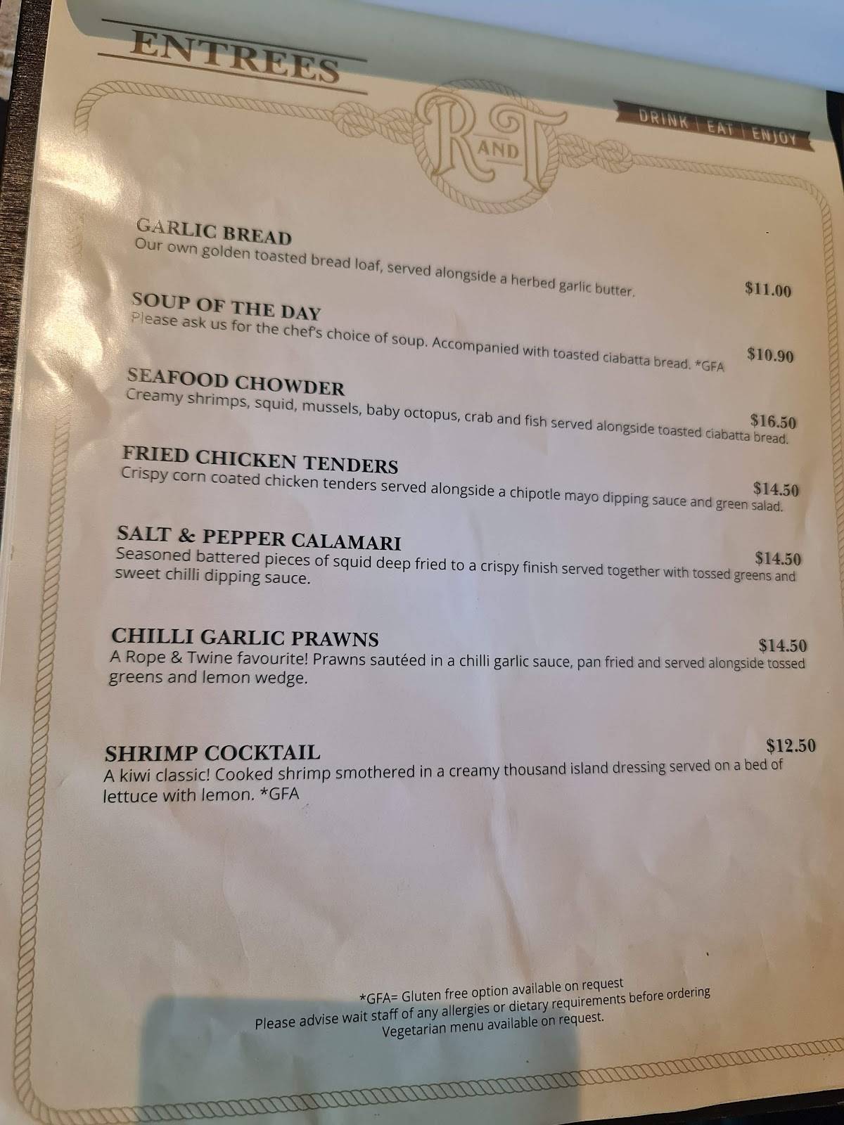 Menu at The Rope and Twine pub & bar, Dunedin