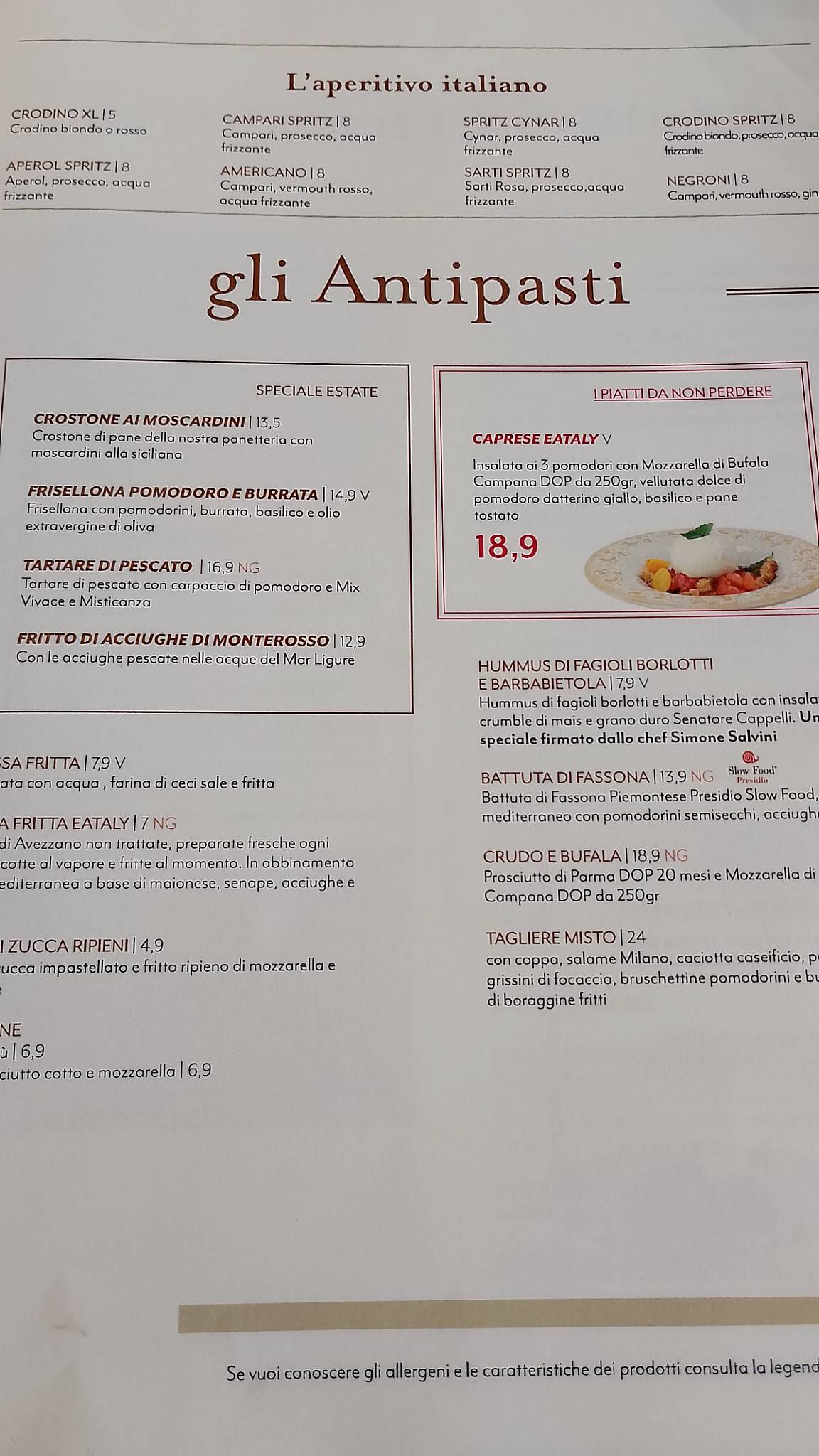 Menu di Eataly 