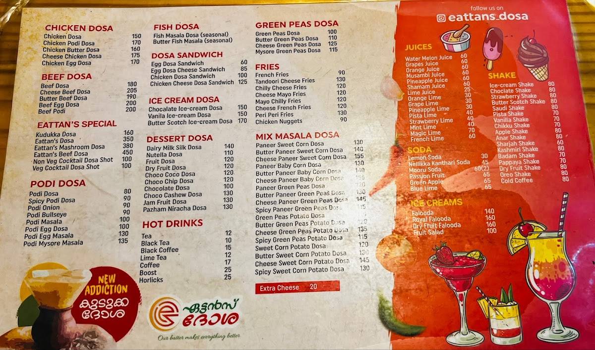 Eattans Dosa, taliparamba menu