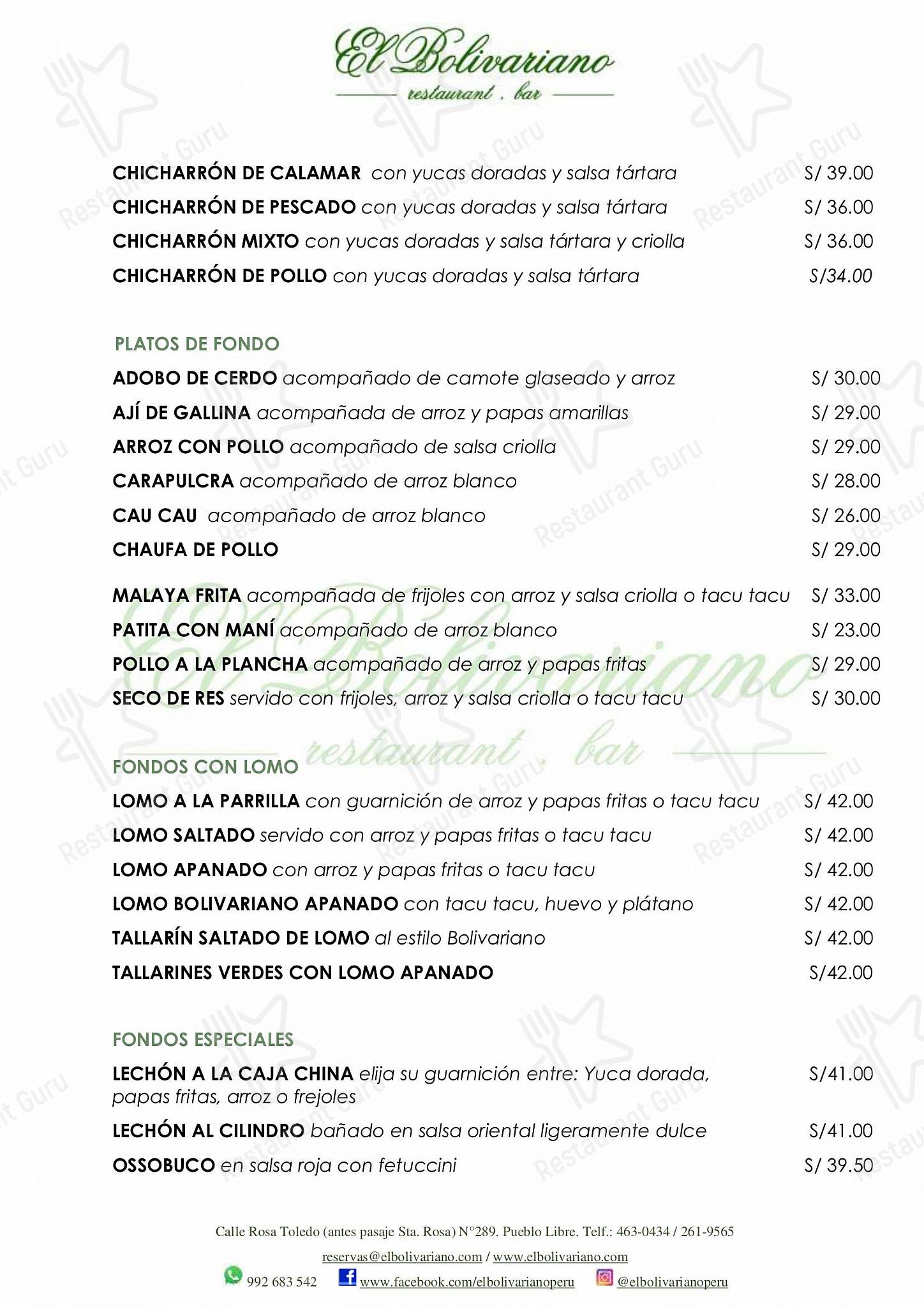 Carta Del Restaurante El Bolivariano Pueblo Libre C Rosa Toledo 289