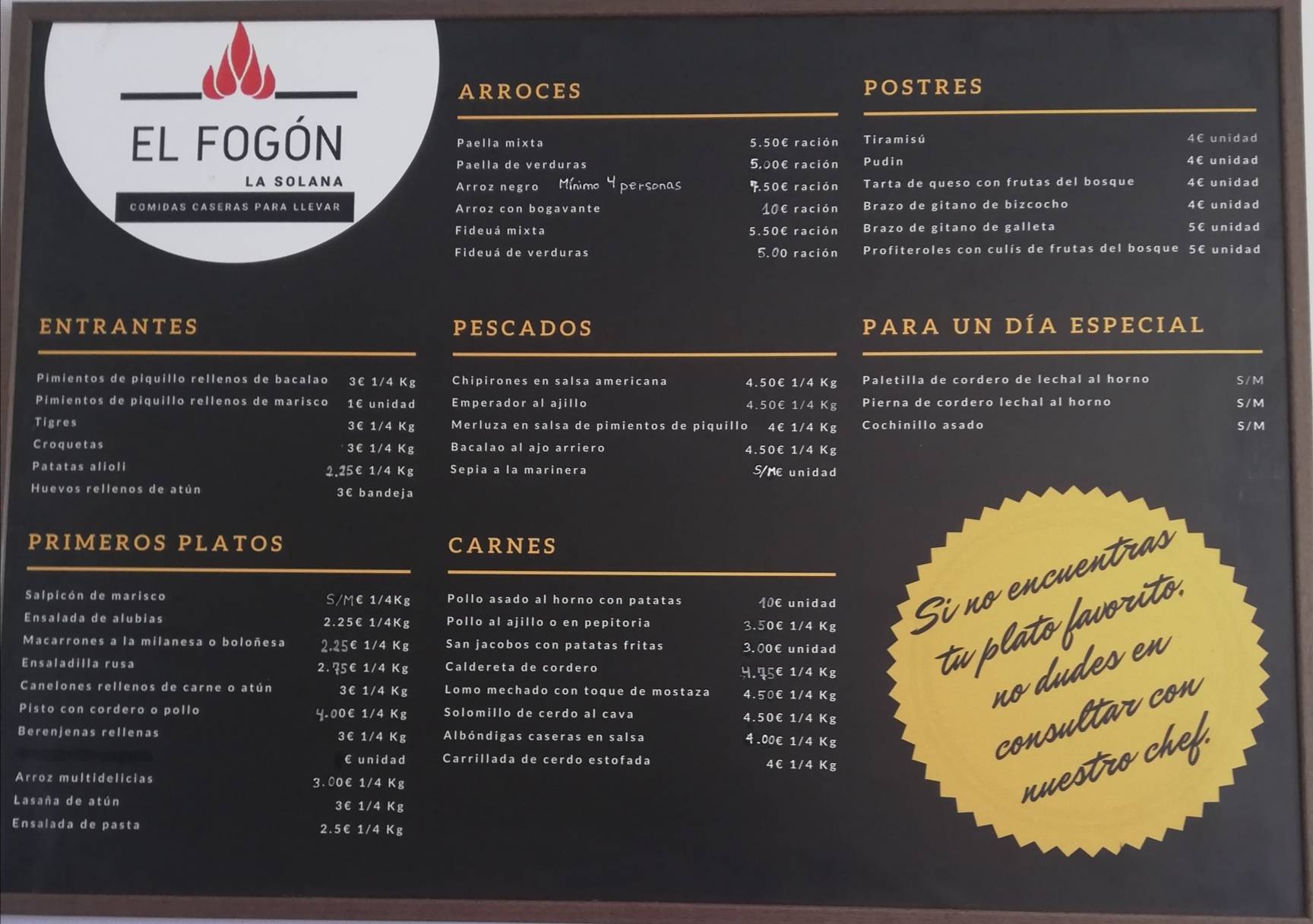Carta del restaurante El Fogón La Solana La Solana, La Solana