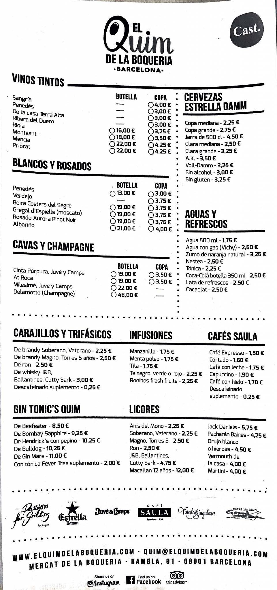 Menu at El Quim de la Boqueria pub & bar, Barcelona