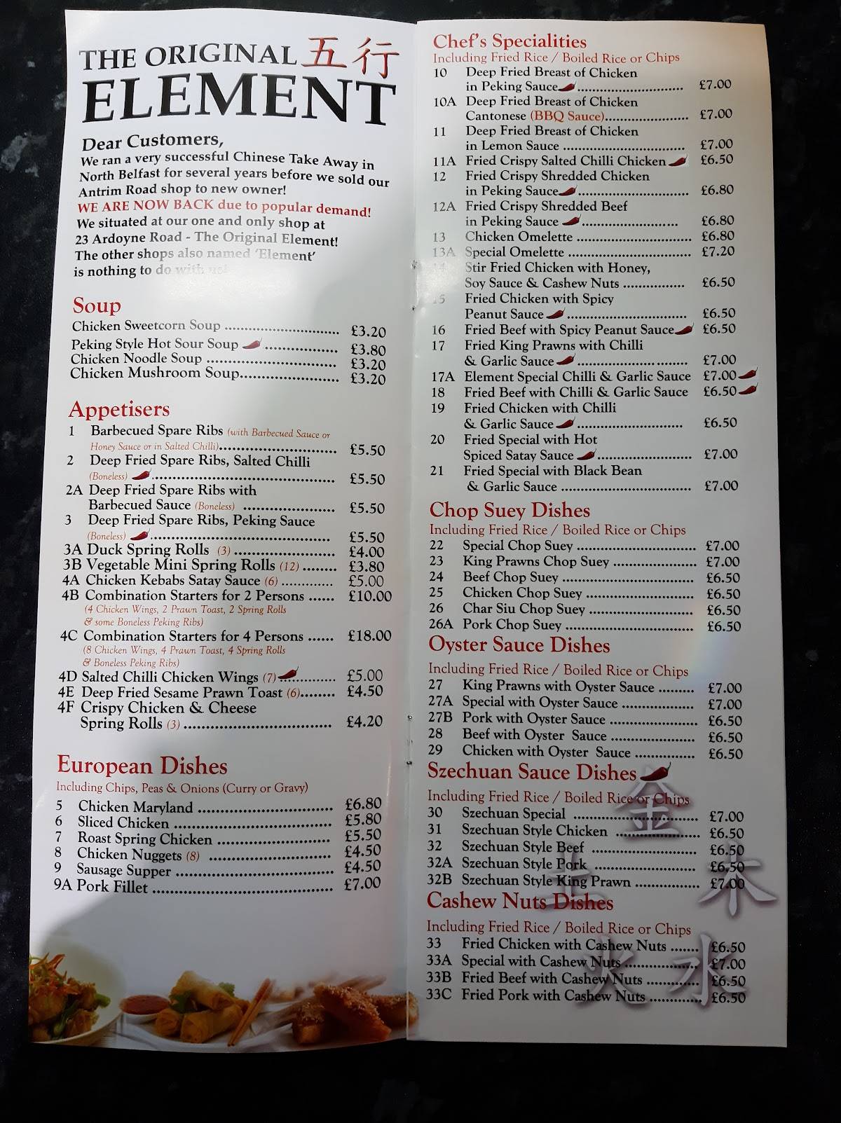 Menu at Elements Chinese Original restaurant, Belfast