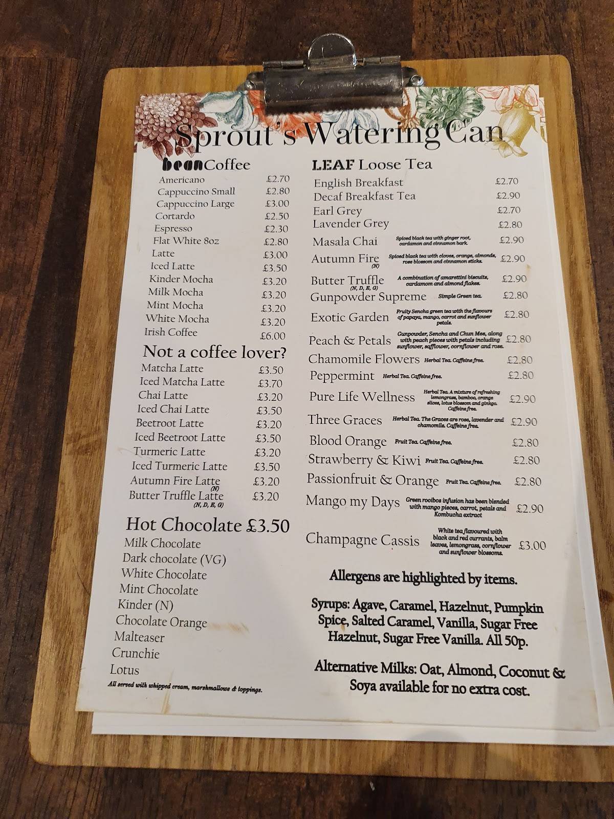 Menu at Sprout Kitchen Garden cafe, Ellesmere Port