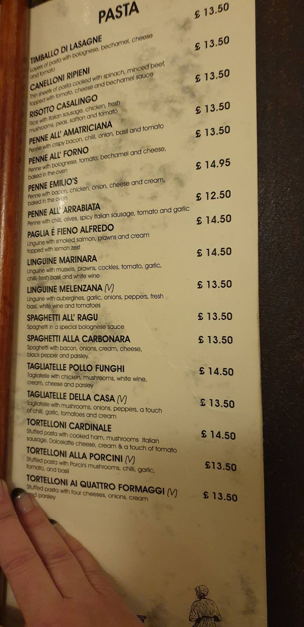 Menu at Emilio's Italian restaurant, Doncaster