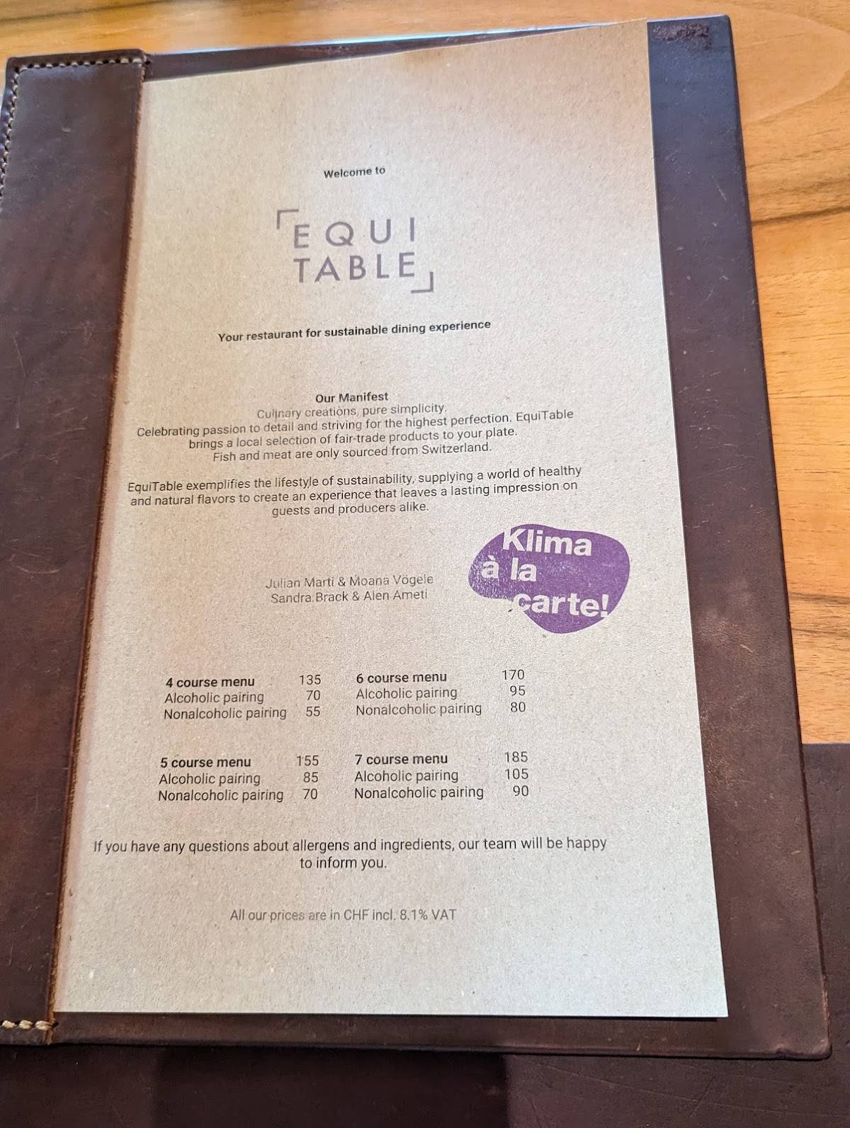 Menu di EquiTable AG 
