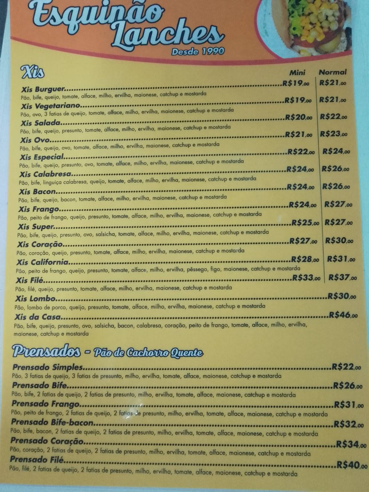 Esquinão Lanches cardápio