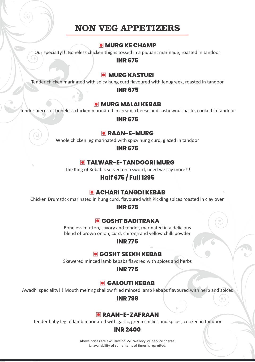 Exotica AKA Zafraan menu
