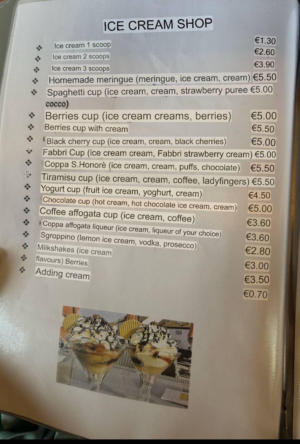 Menu di La Croda 