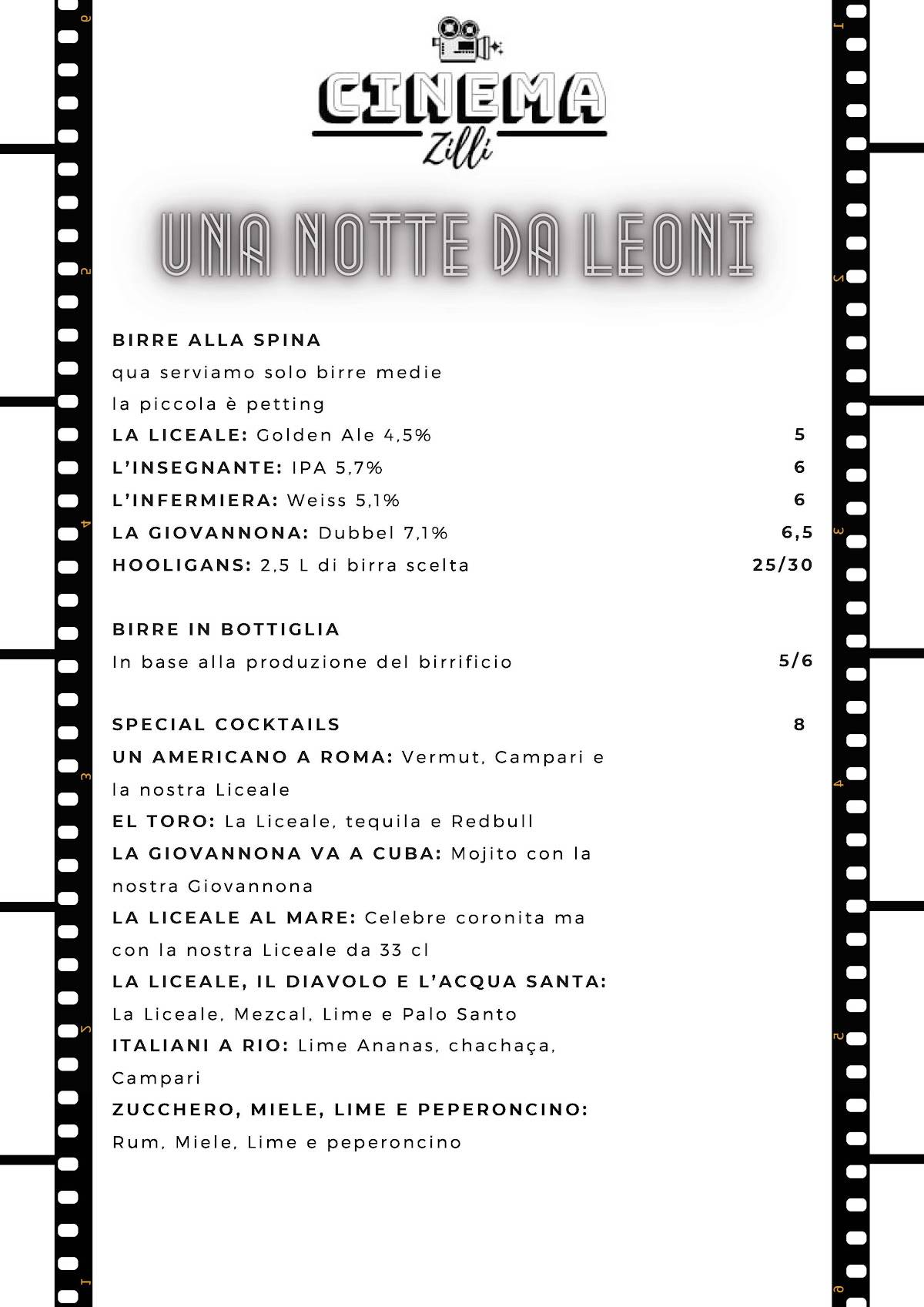 Menu di Bar Cinema Zilli 