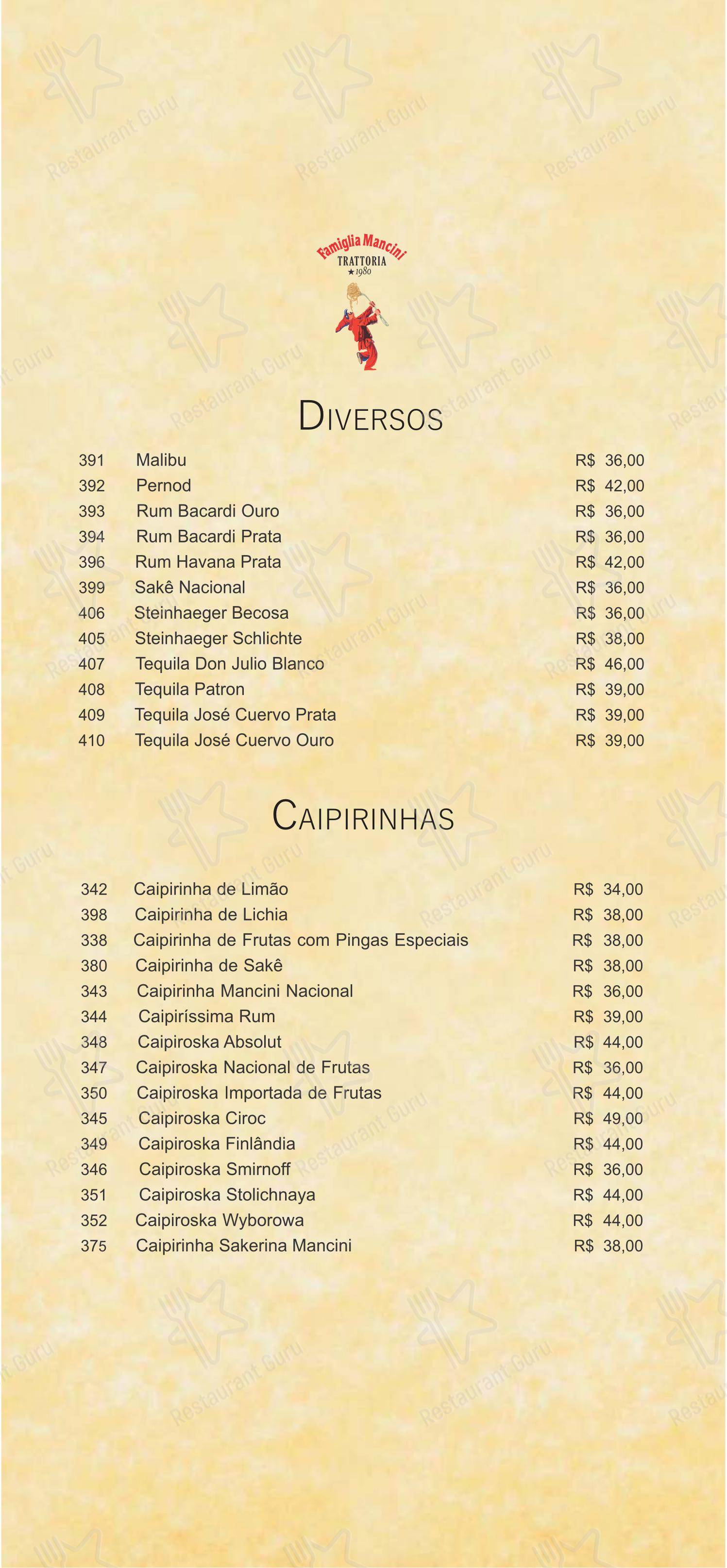 Menu para Famiglia Mancini Trattoria em São Paulo