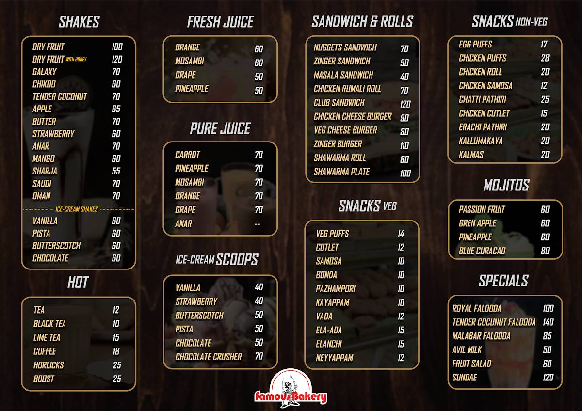 Famous Bakery Kakkodi menu