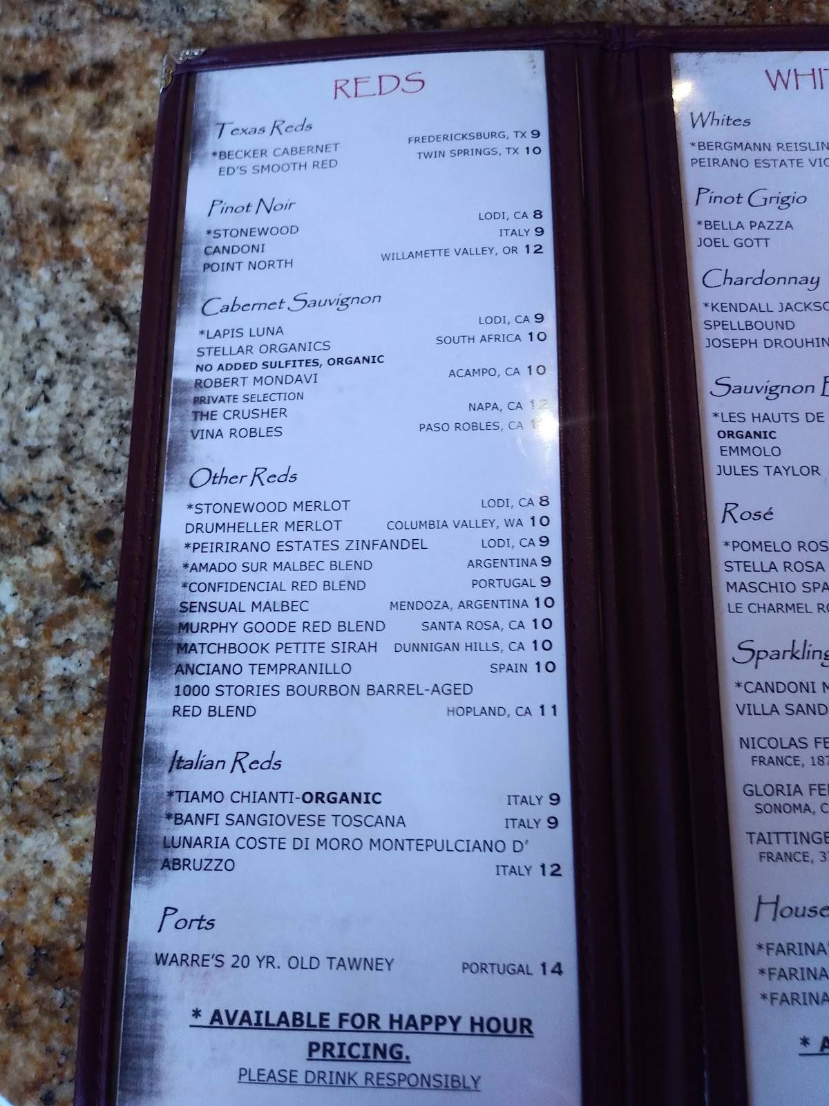 Menu at Farina's Winery & Cafe Granbury, Granbury