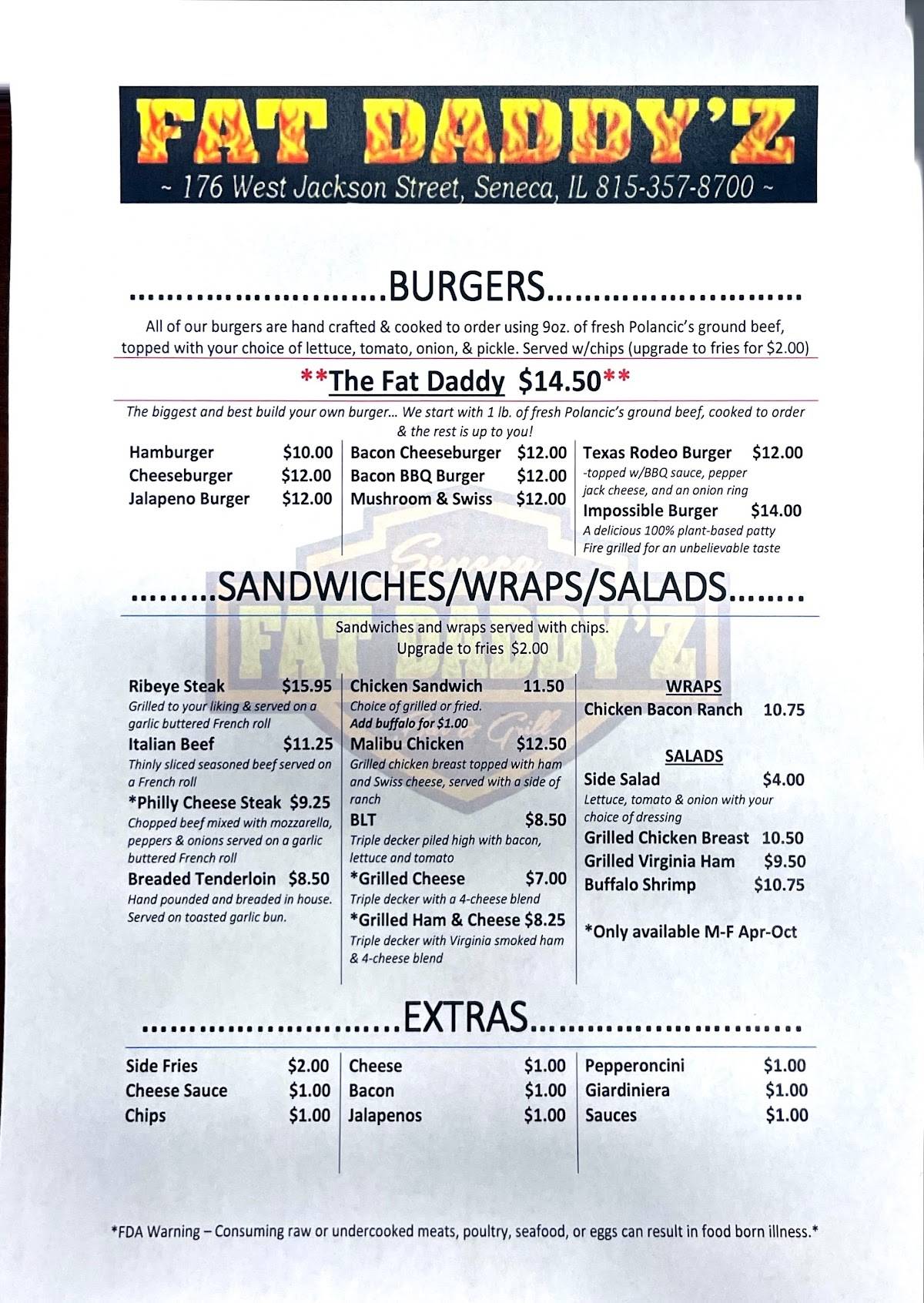 Menu at Fat Daddyz pub & bar, Seneca