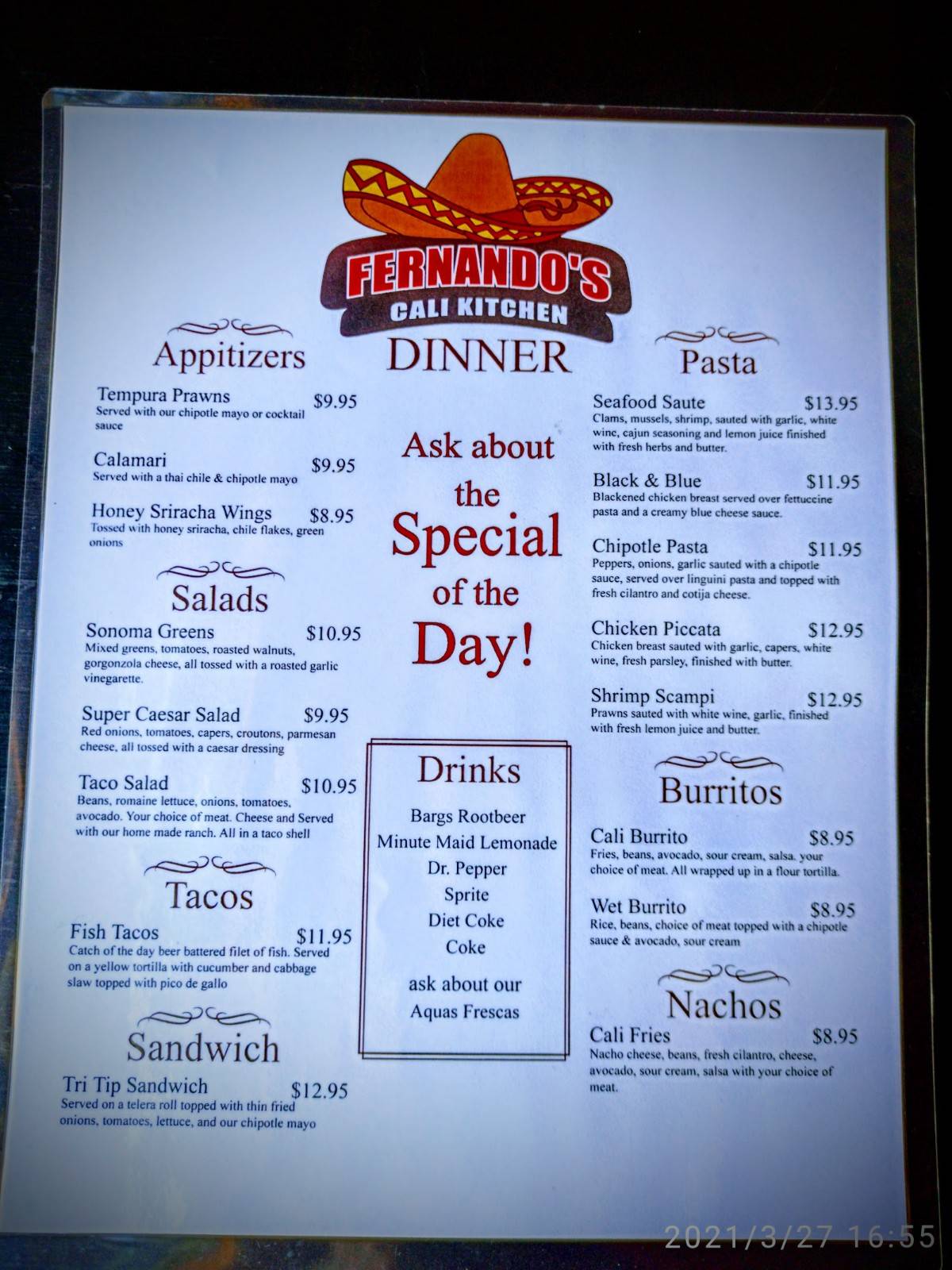 Menu at Fernandos Cali Kitchen restaurant, Yuba City