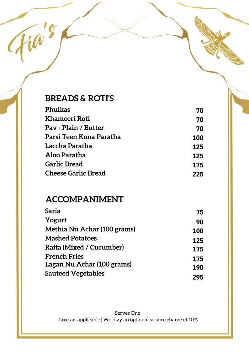 Fia’s Lounge - Authentic Parsi Cuisine - Bangalore menu