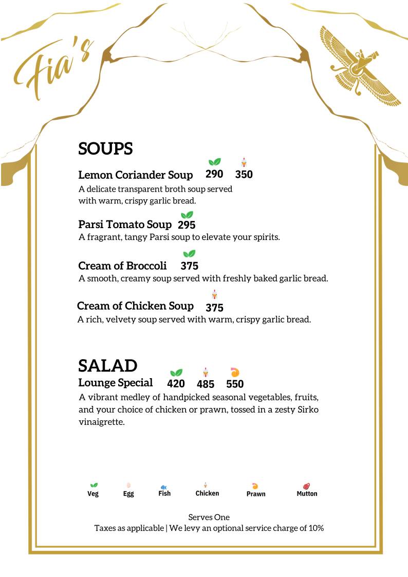 Fia’s Lounge - Authentic Parsi Cuisine - Bangalore menu