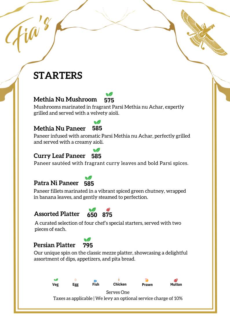 Fia’s Lounge - Authentic Parsi Cuisine - Bangalore menu