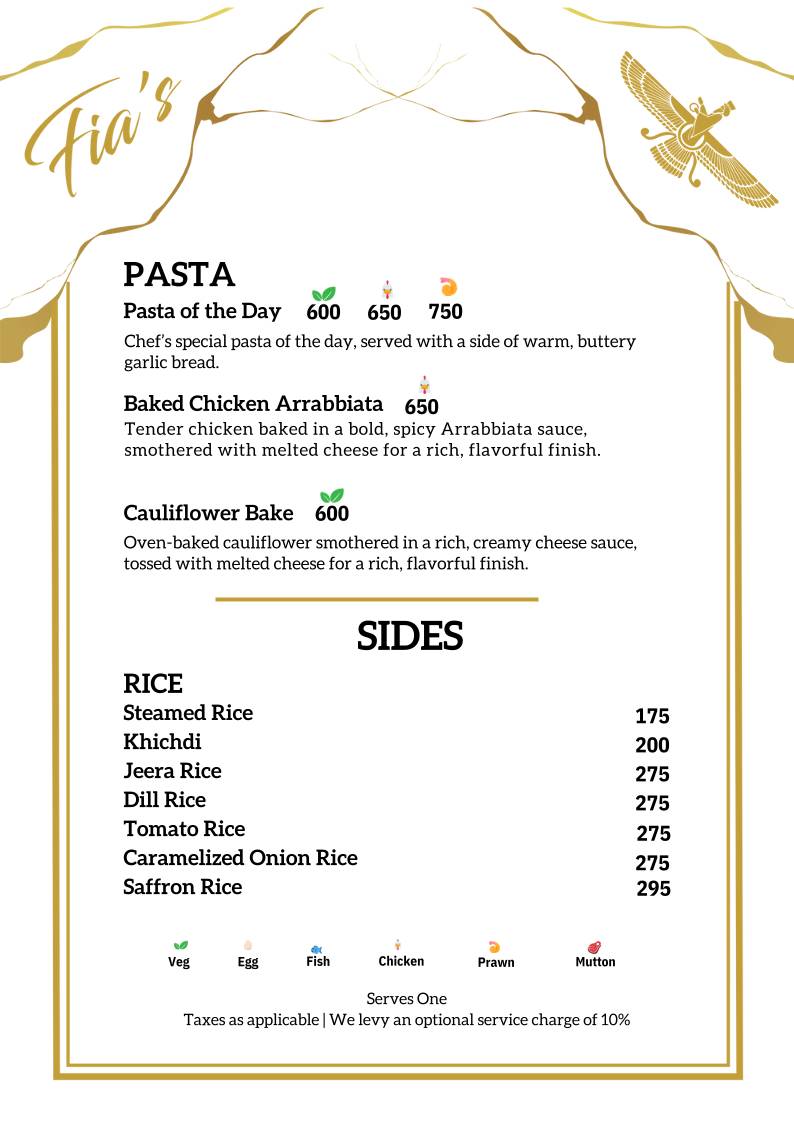 Fia’s Lounge - Authentic Parsi Cuisine - Bangalore menu