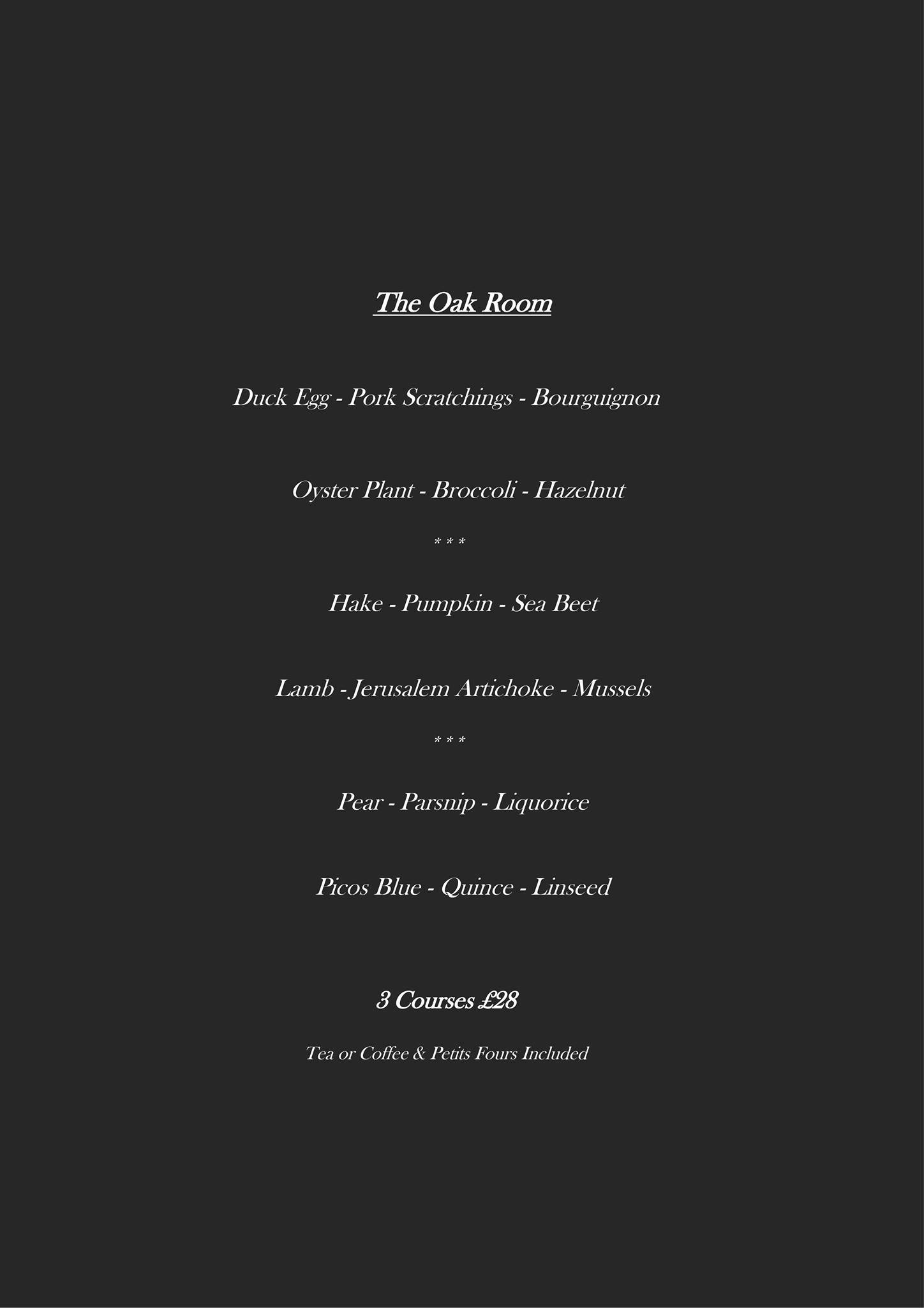 Menu at The Oak Room restaurant, Fintry, Culcreuch Castle Hotel