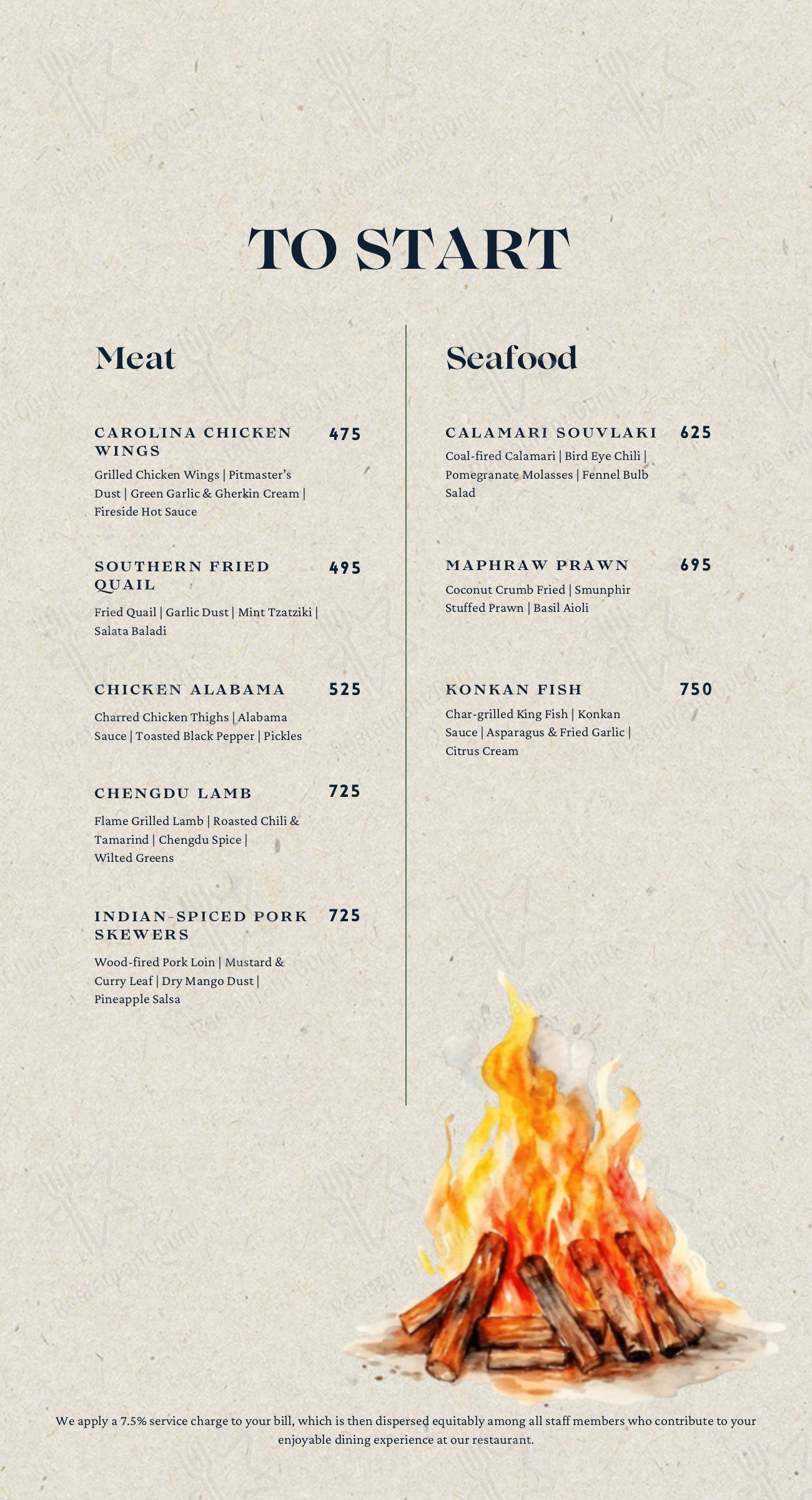 Menu for the Fireside: Flame Craft Dining restaurant
