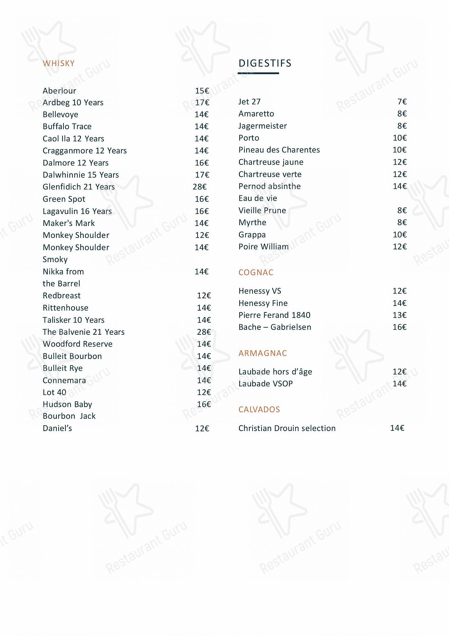 Fitzgerald dans Paris - Bar menu