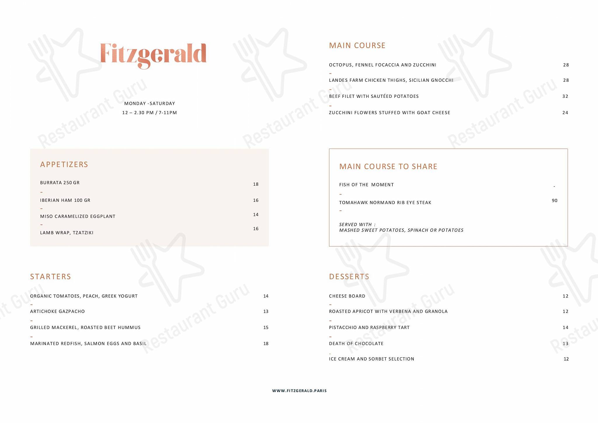 Bar menu pour Fitzgerald pub et bar