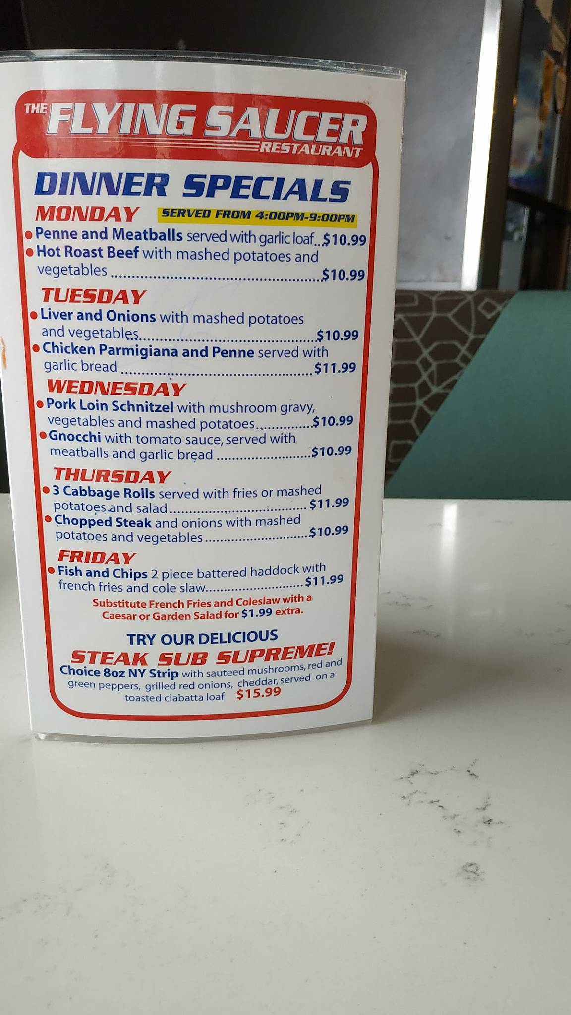 Menu at Flying Saucer Restaurant, Niagara Falls