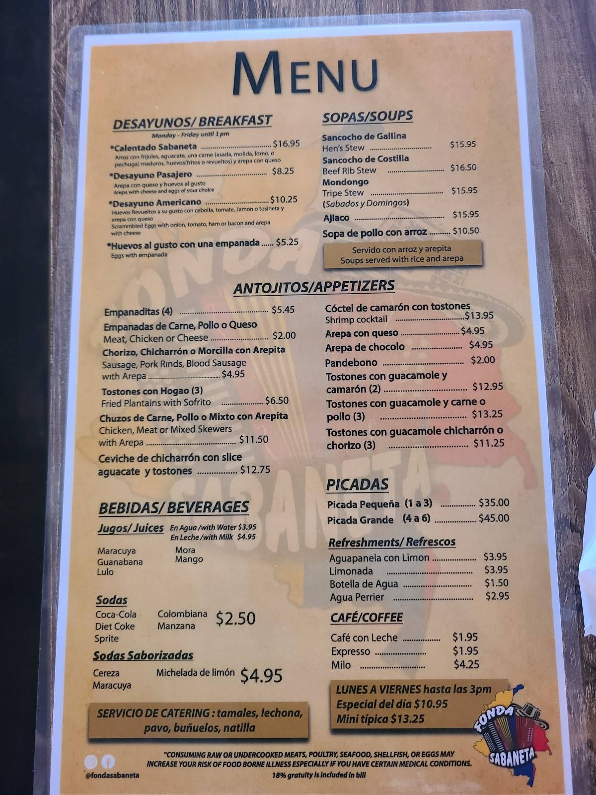 Carta del restaurante Fonda Miami
