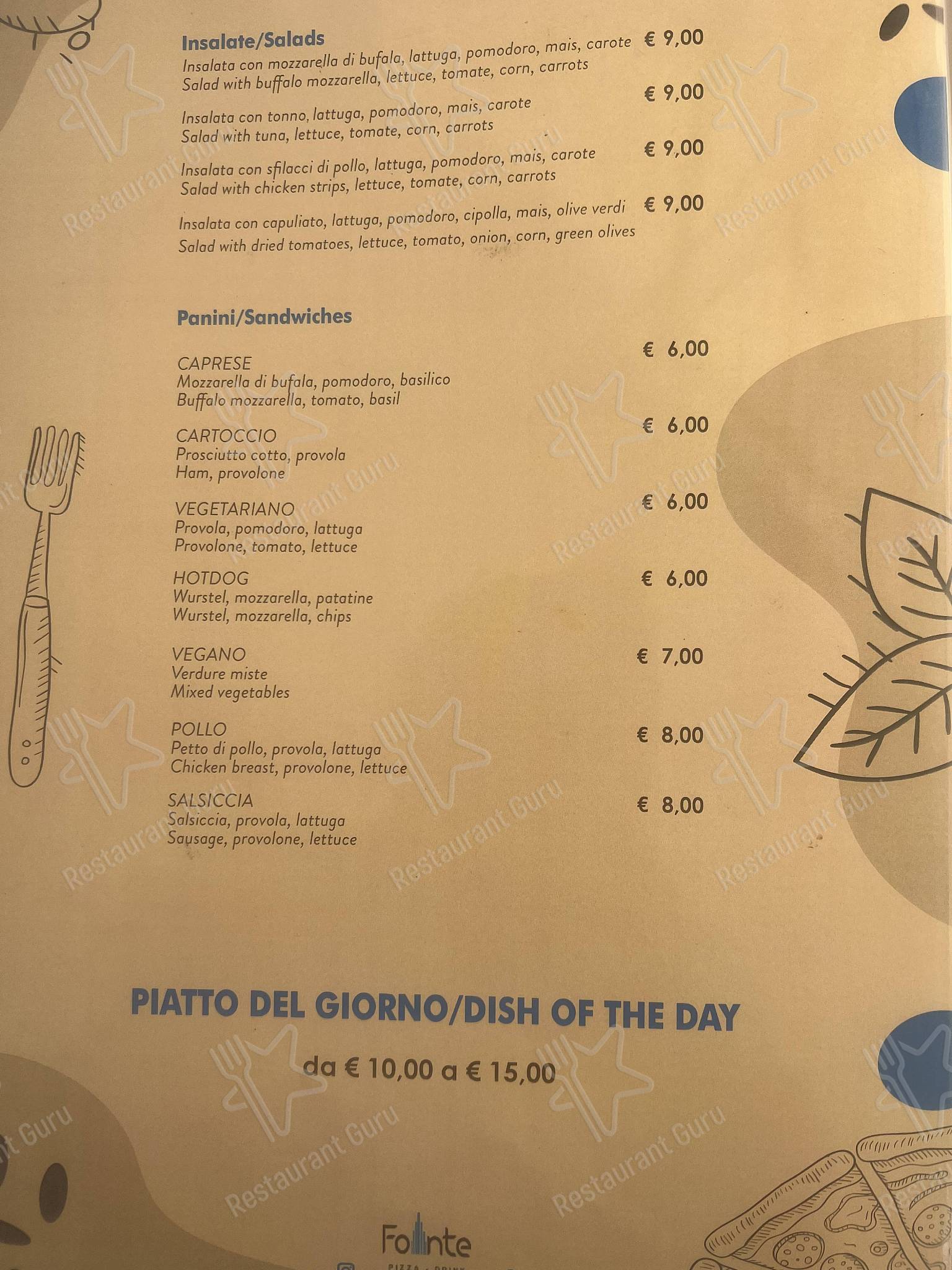 Menu di Fonte - piatti e bevande