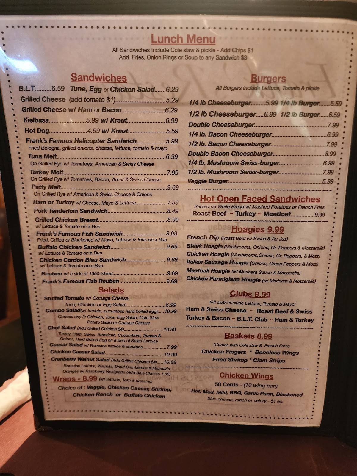 Menu at Frank's Restaurant, Hudson, U.S. Hwy 19