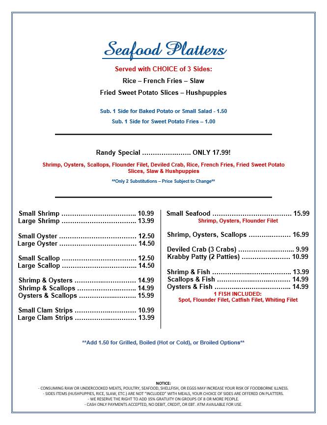 Menu at Friendly Seafood restaurant, Tabor City